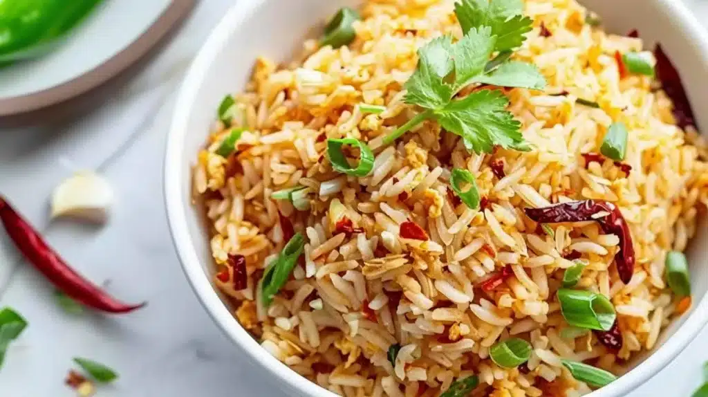 Deliciously spicy Chili Garlic Fried Rice served with fresh vegetables