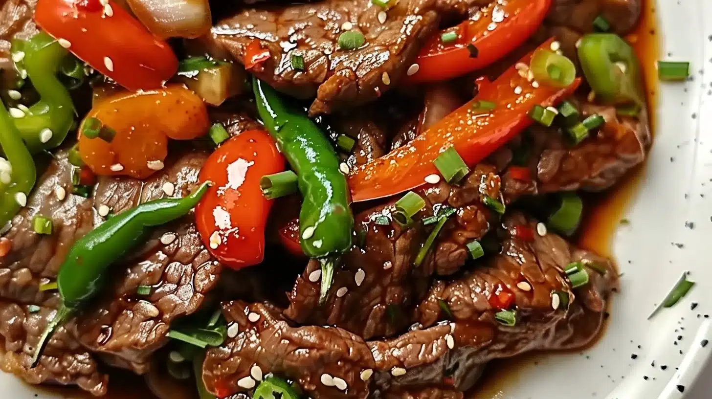 Delicious Chinese pepper steak with tender beef and colorful bell peppers