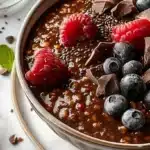 Delicious chocolate chia pudding topped with fresh berries and nuts
