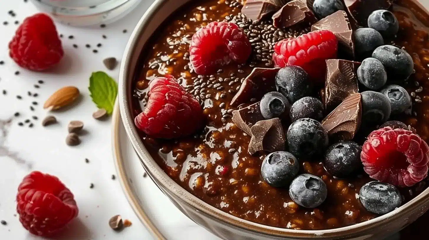 Delicious chocolate chia pudding topped with fresh berries and nuts
