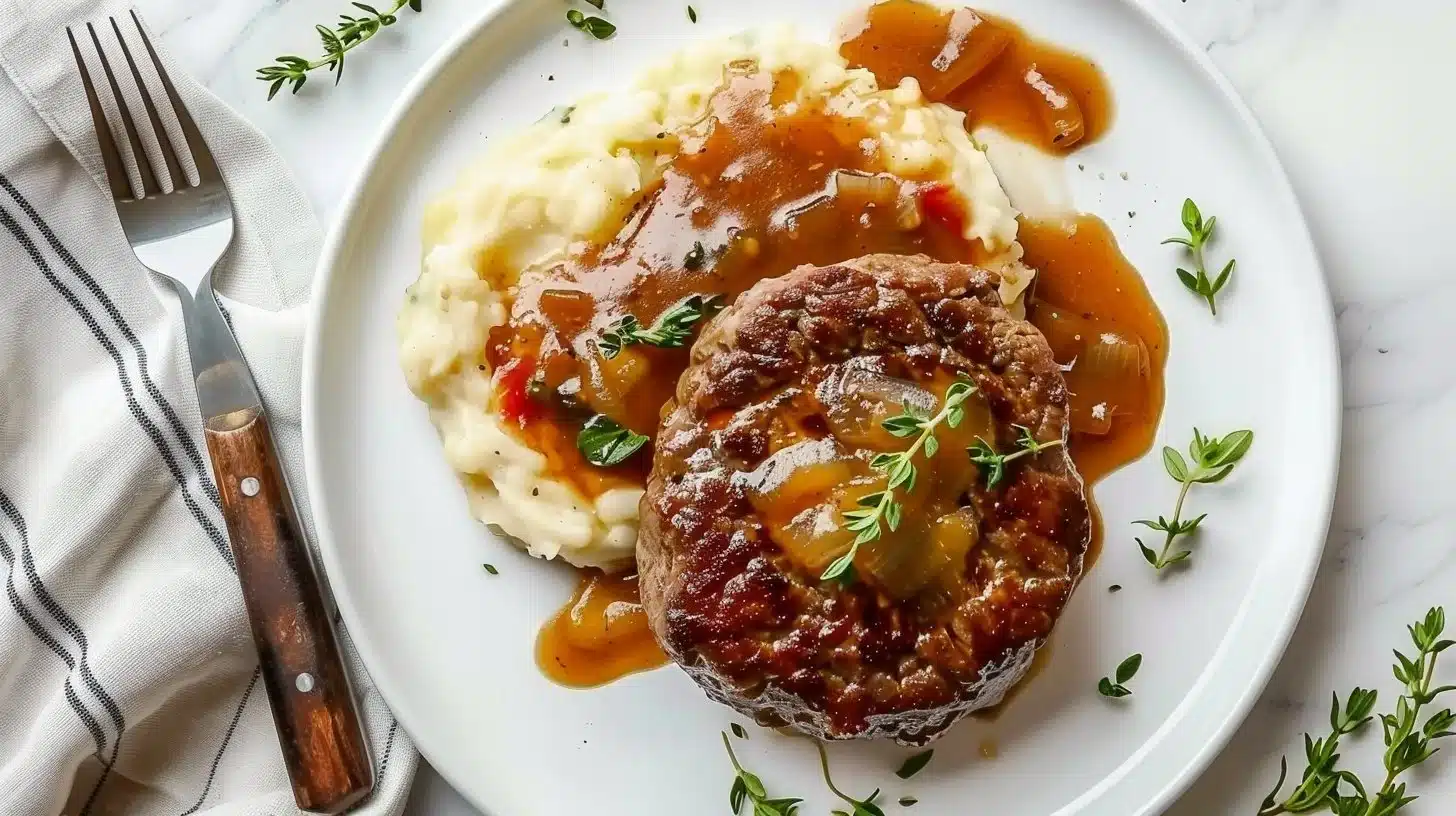 Classic Amish Hamburger Steak Bake with savory sauce and vegetables