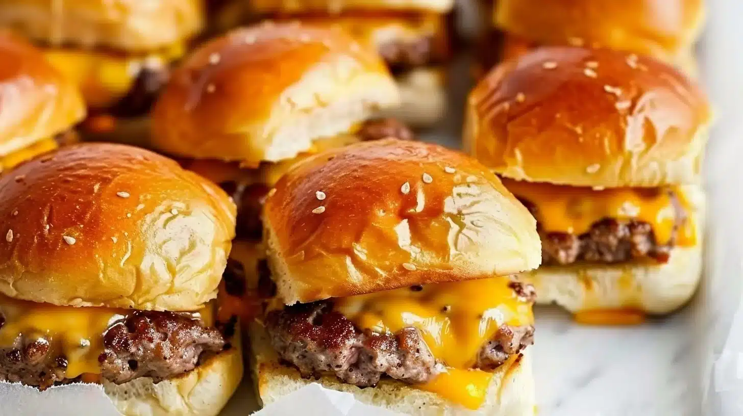 Classic cheeseburger sliders on Hawaiian rolls served on a wooden platter