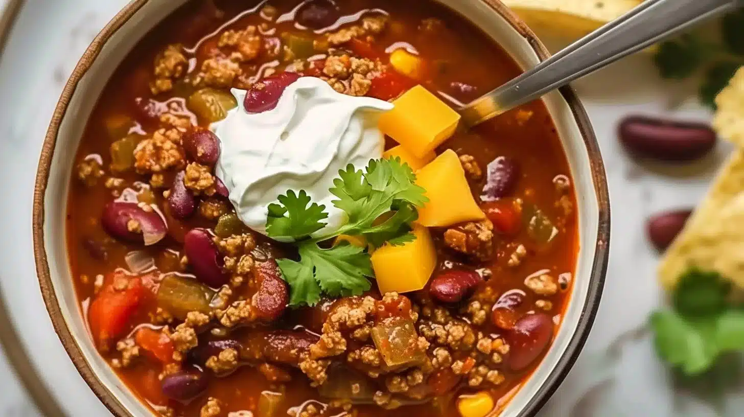 Bowl of classic slow cooker chili topped with cheese and fresh herbs.