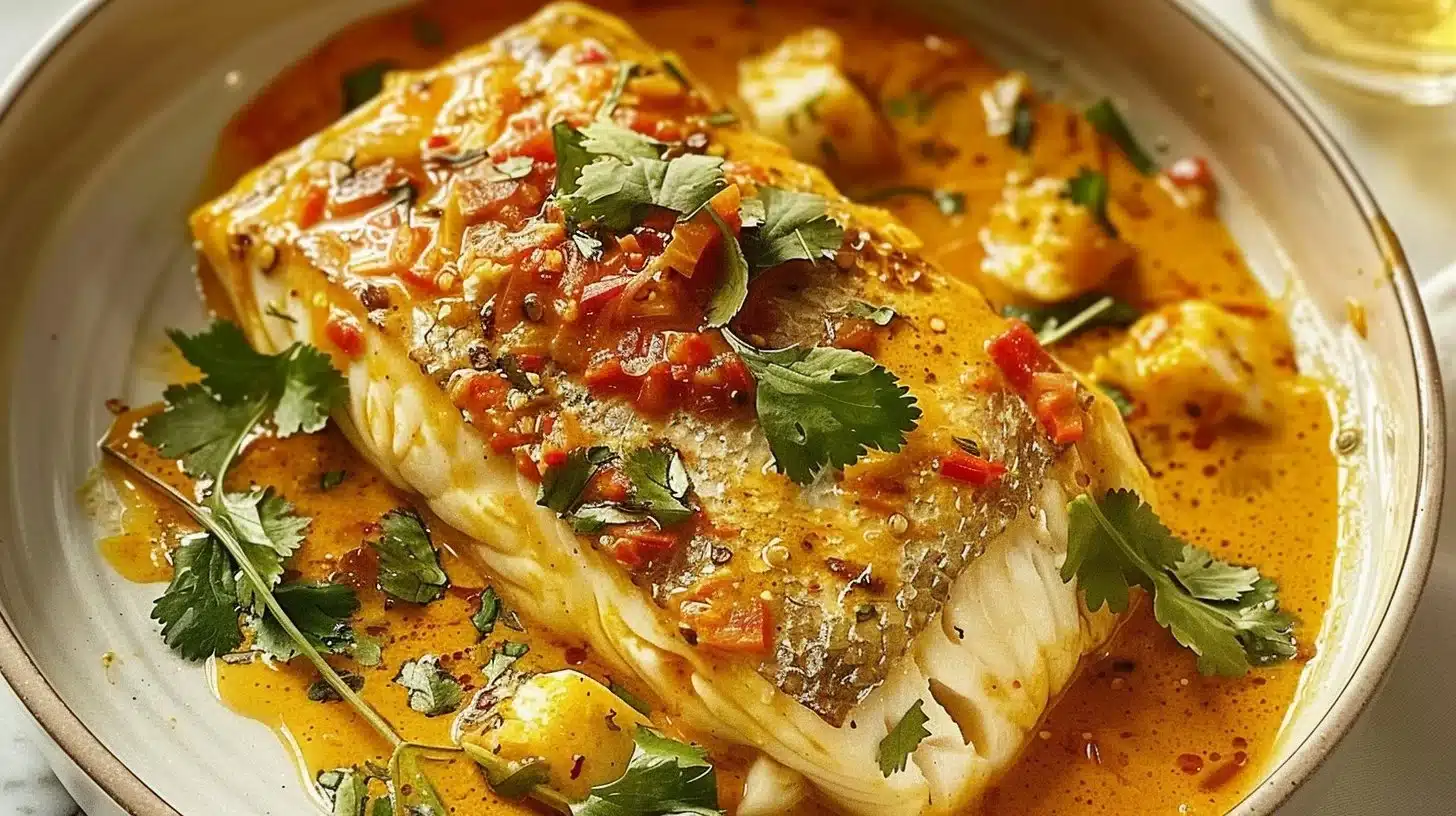 Delicious coconut curry baked cod served with rice and garnished with cilantro.