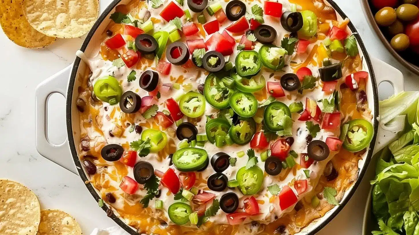 Colorful taco dip in a serving dish with fresh toppings