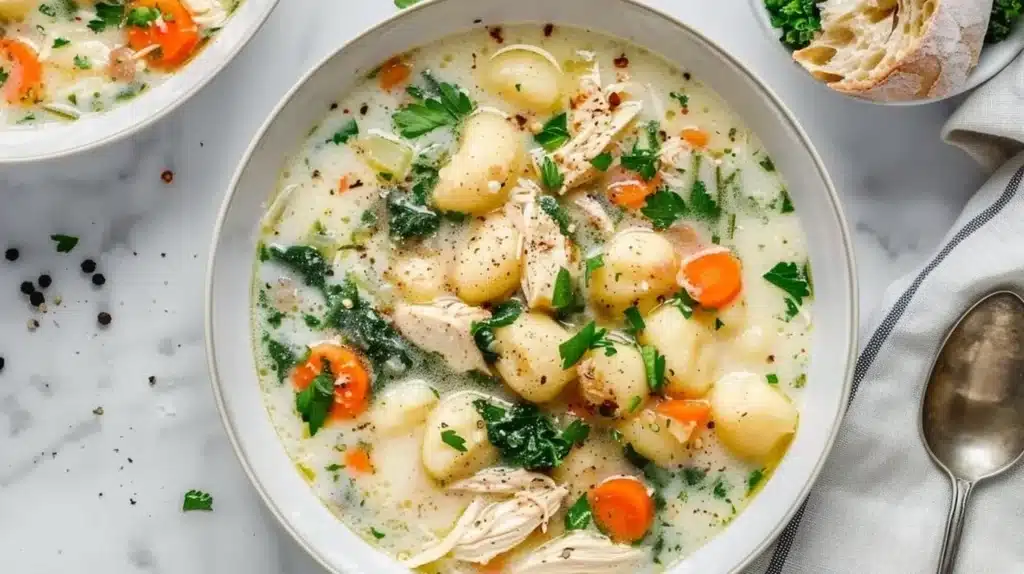 Delicious Chicken Gnocchi Soup served in a bowl with herbs and vegetables
