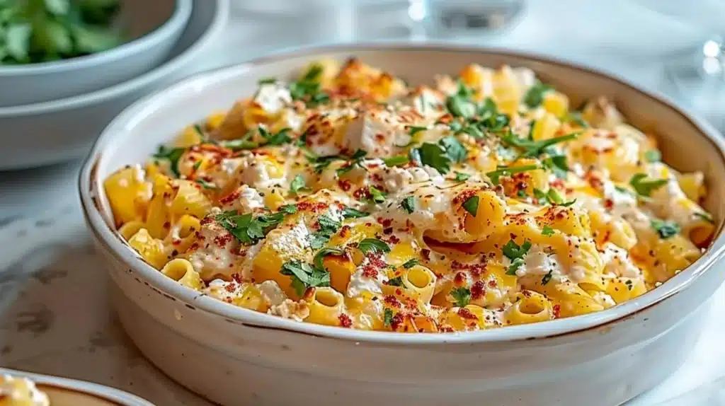 Delicious Corn Pasta Bake topped with melted cheese and fresh herbs.