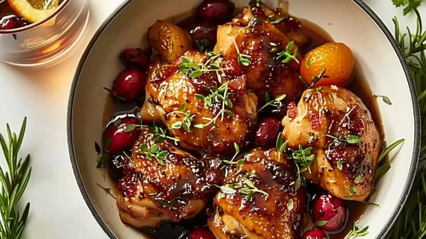 Cranberry orange chicken dish served with garnishes on a plate