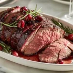A beautifully served cranberry roast beef dish with garnishes.