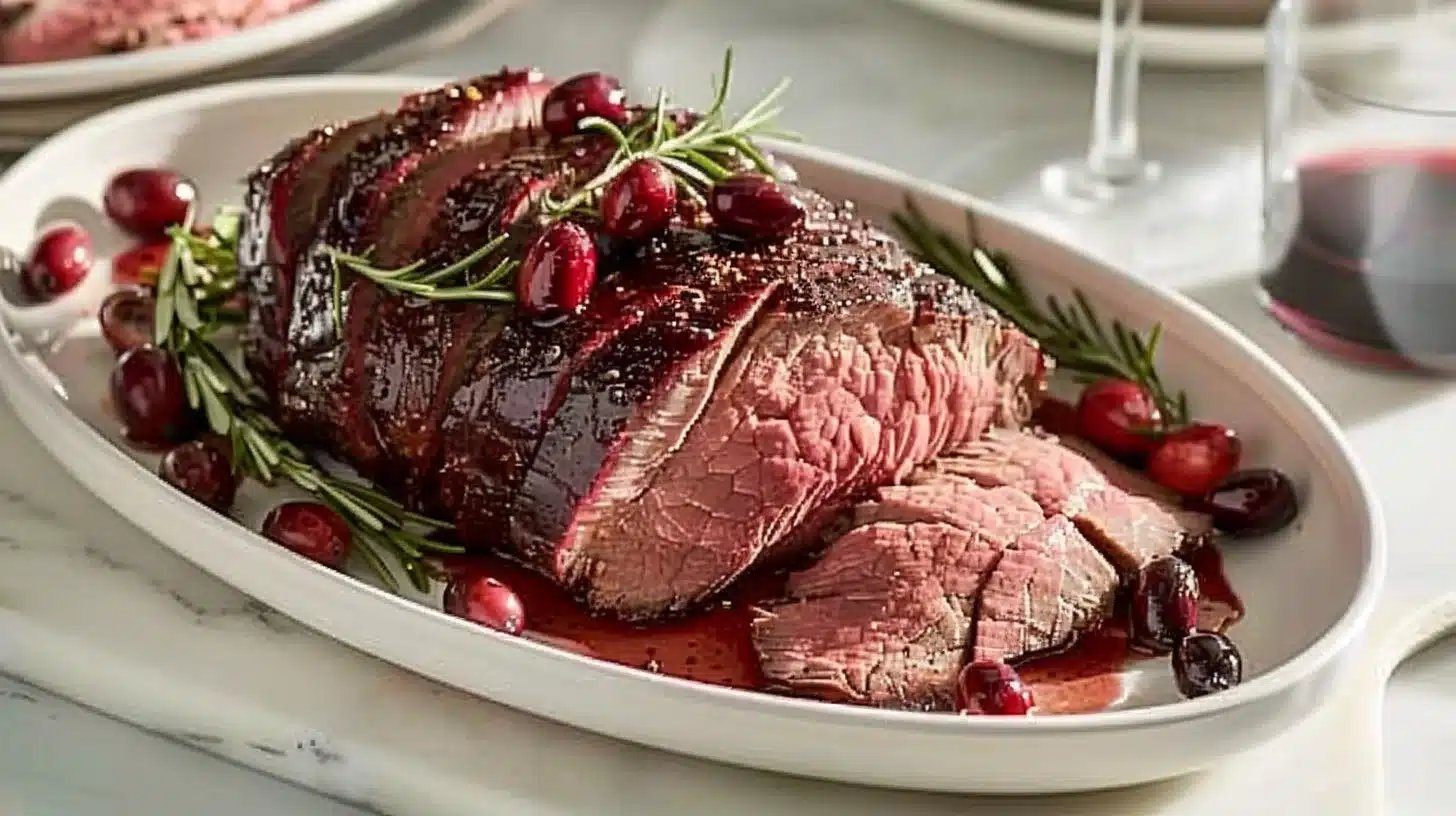 A beautifully served cranberry roast beef dish with garnishes.