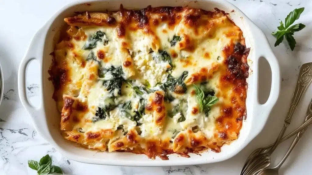 Delicious creamy baked ziti with spinach and ricotta cheese in a baking dish.