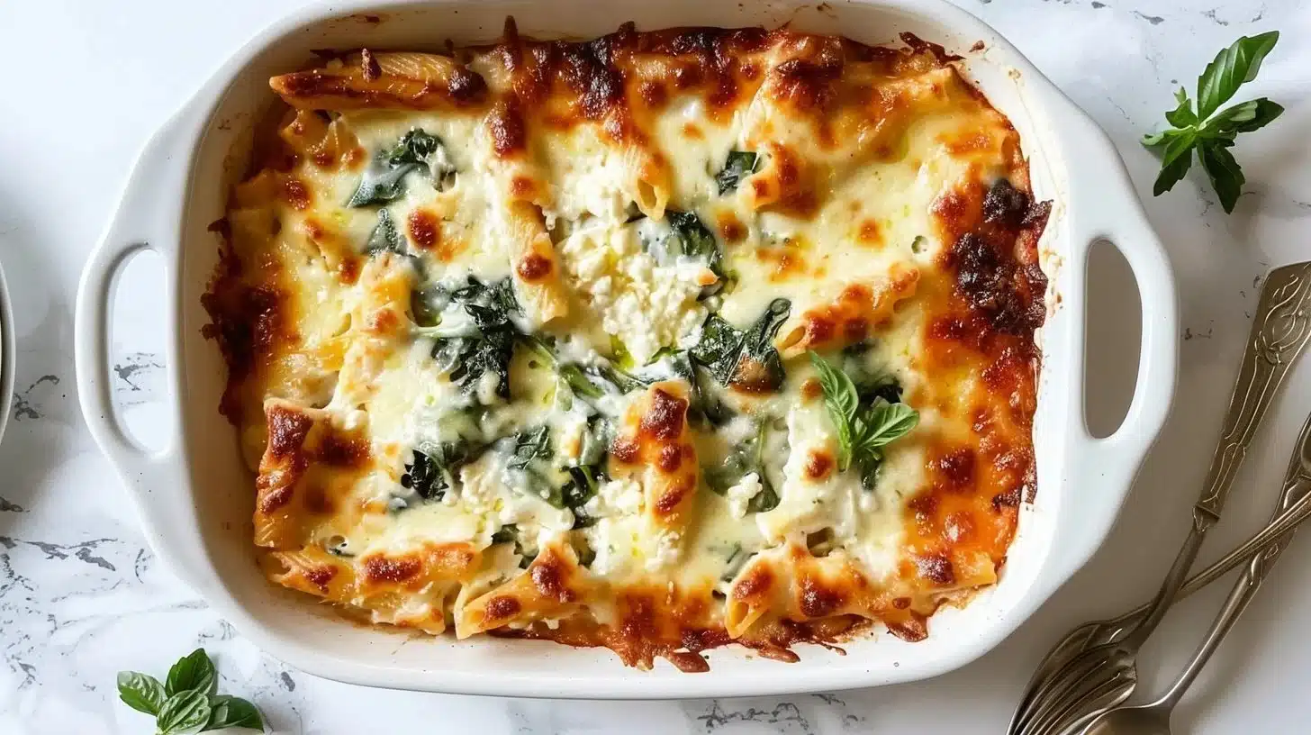 Delicious creamy baked ziti with spinach and ricotta cheese in a baking dish.