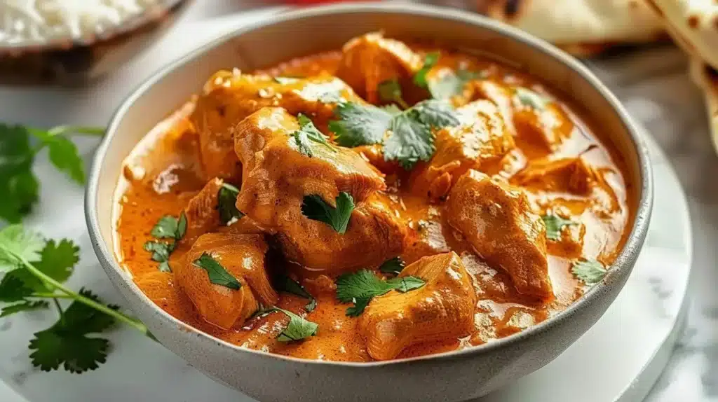 A delicious bowl of creamy butter chicken served with rice.