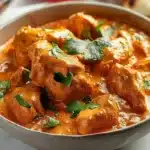 A delicious bowl of creamy butter chicken served with rice.