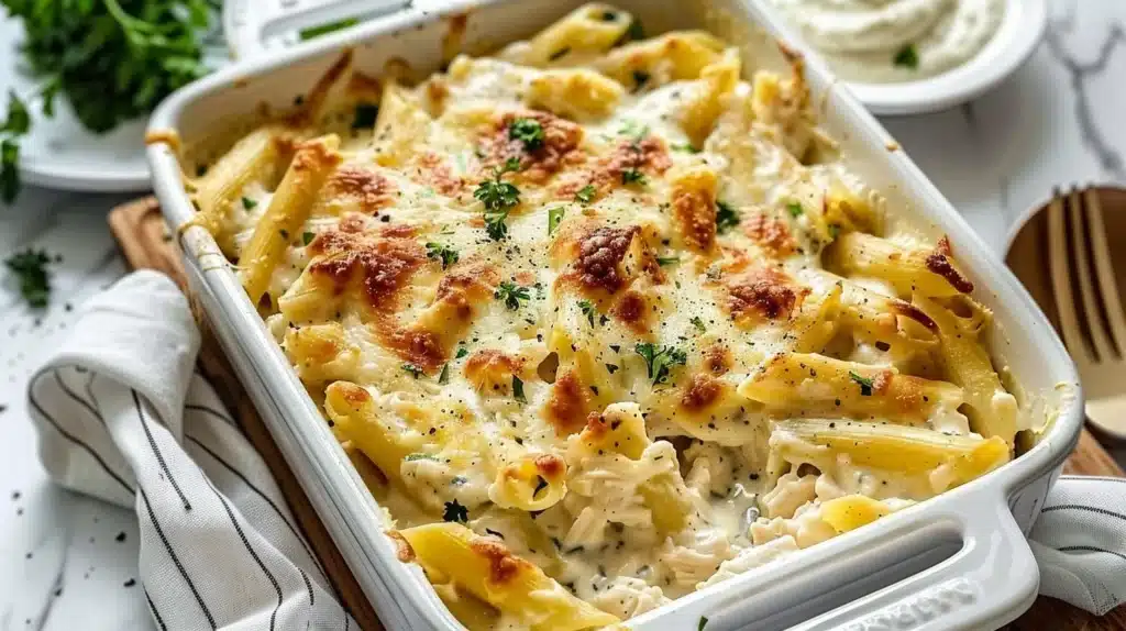 Creamy Chicken Alfredo Ziti Bake with pasta and chicken topped with cheese