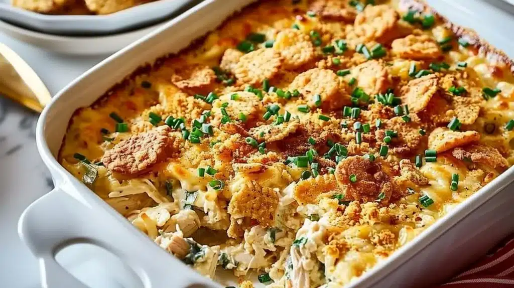 Creamy Chicken Ritz Casserole with crispy topping and creamy sauce