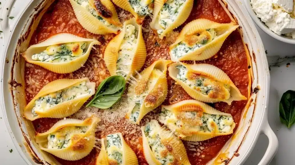 Creamy cottage cheese stuffed shells topped with marinara sauce and herbs