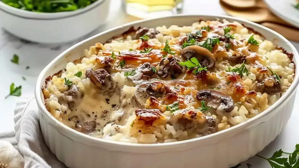 Creamy garlic mushroom hamburger rice bake in a serving dish