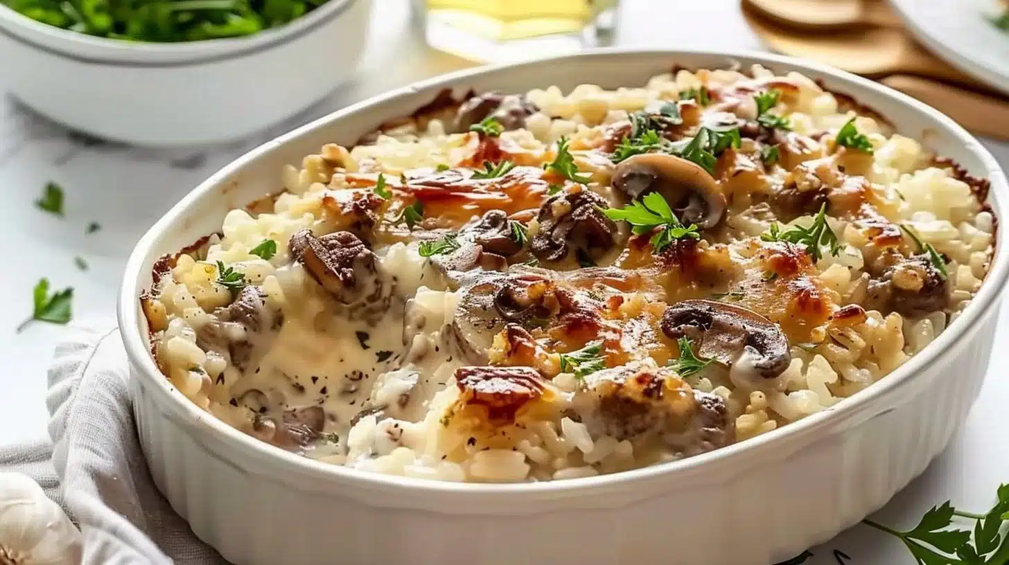 Creamy garlic mushroom hamburger rice bake in a serving dish