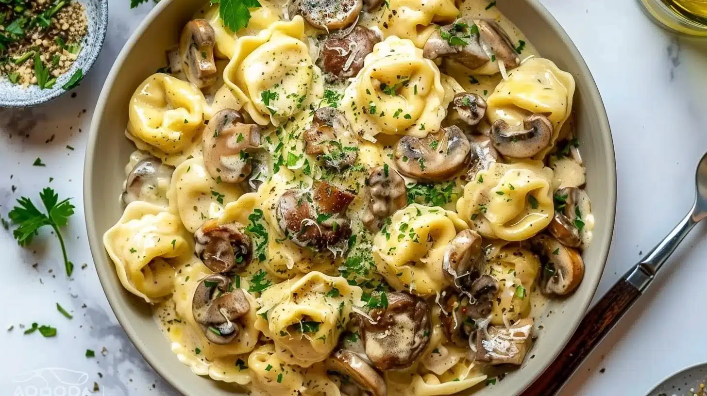 Creamy garlic steak tortellini with mushrooms on a plate
