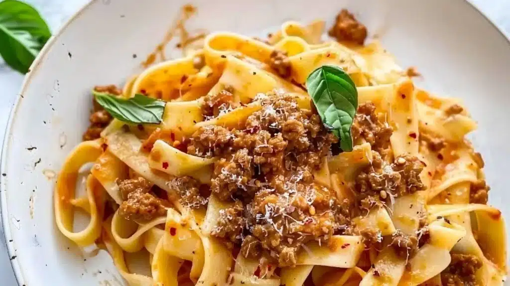 Creamy ground sausage pasta in a bowl with garnishes