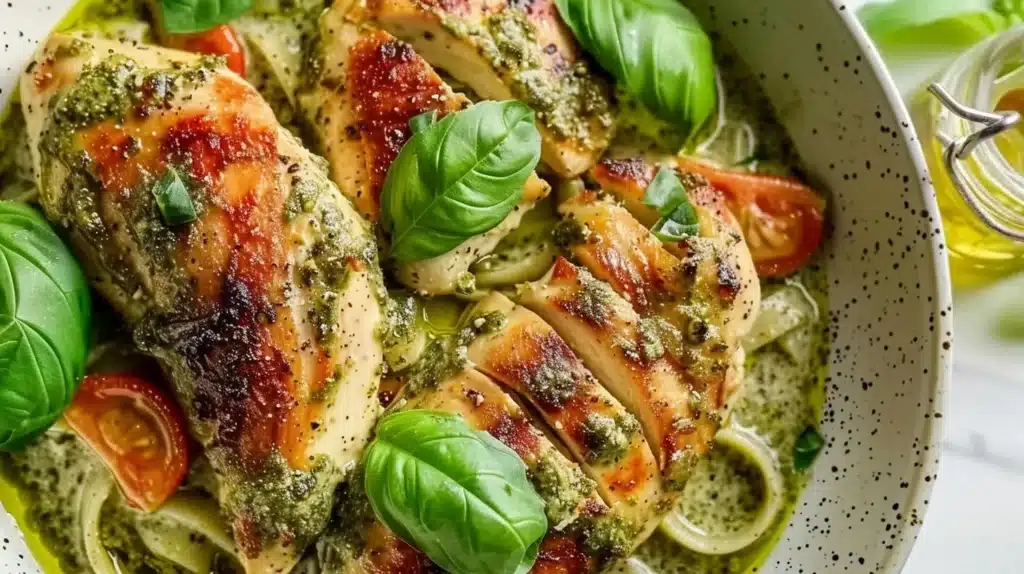 Creamy pesto chicken dish garnished with fresh basil and served on a plate