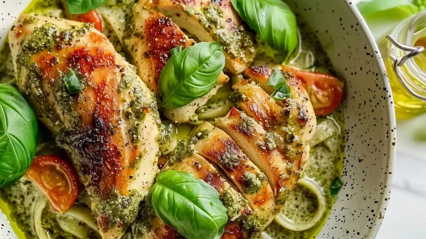 Creamy pesto chicken dish garnished with fresh basil and served on a plate