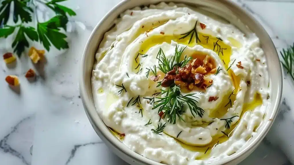 Creamy ricotta cheese dip served with fresh vegetables and crackers