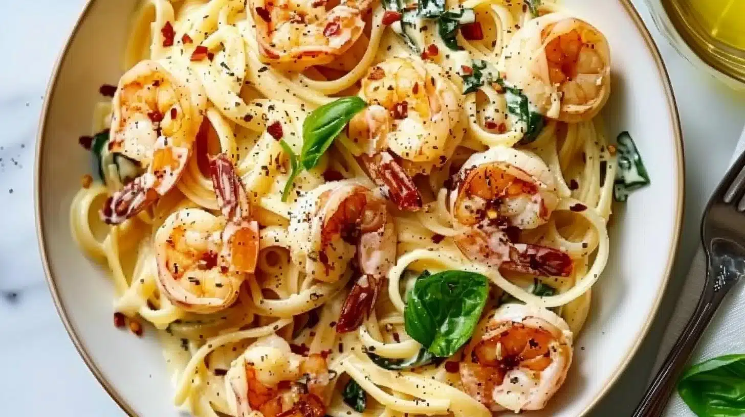 Creamy shrimp pasta dish served with herbs and garlic in a rich sauce.