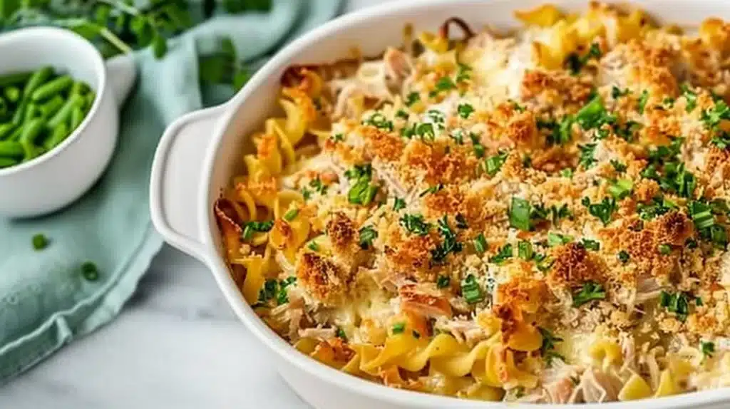 Creamy tuna noodle casserole topped with breadcrumbs in a baking dish
