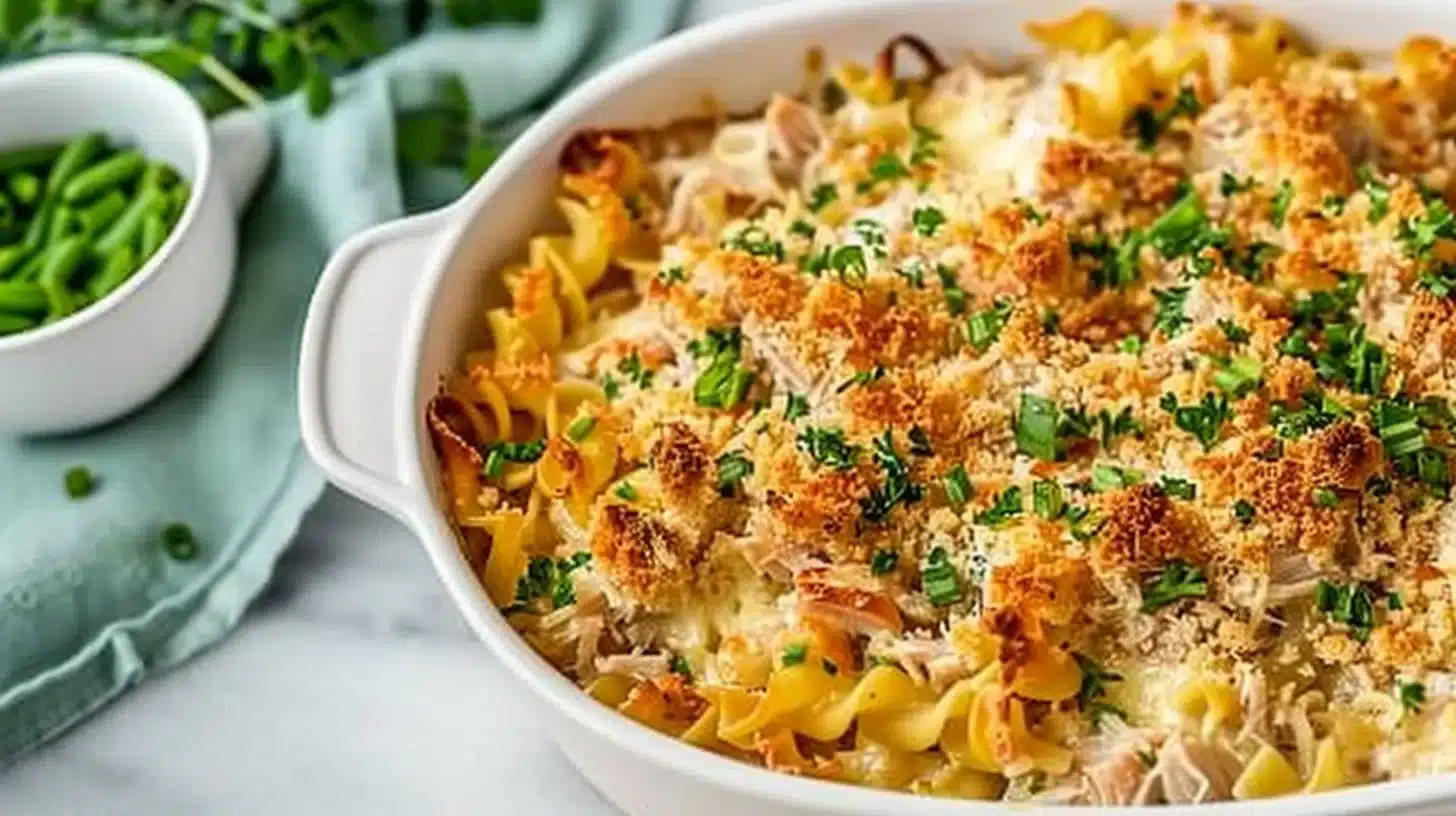Creamy tuna noodle casserole topped with breadcrumbs in a baking dish