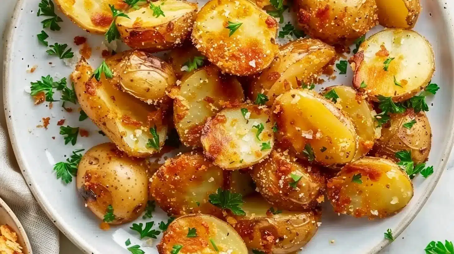 Crispy baked baby potatoes served on a plate with herbs
