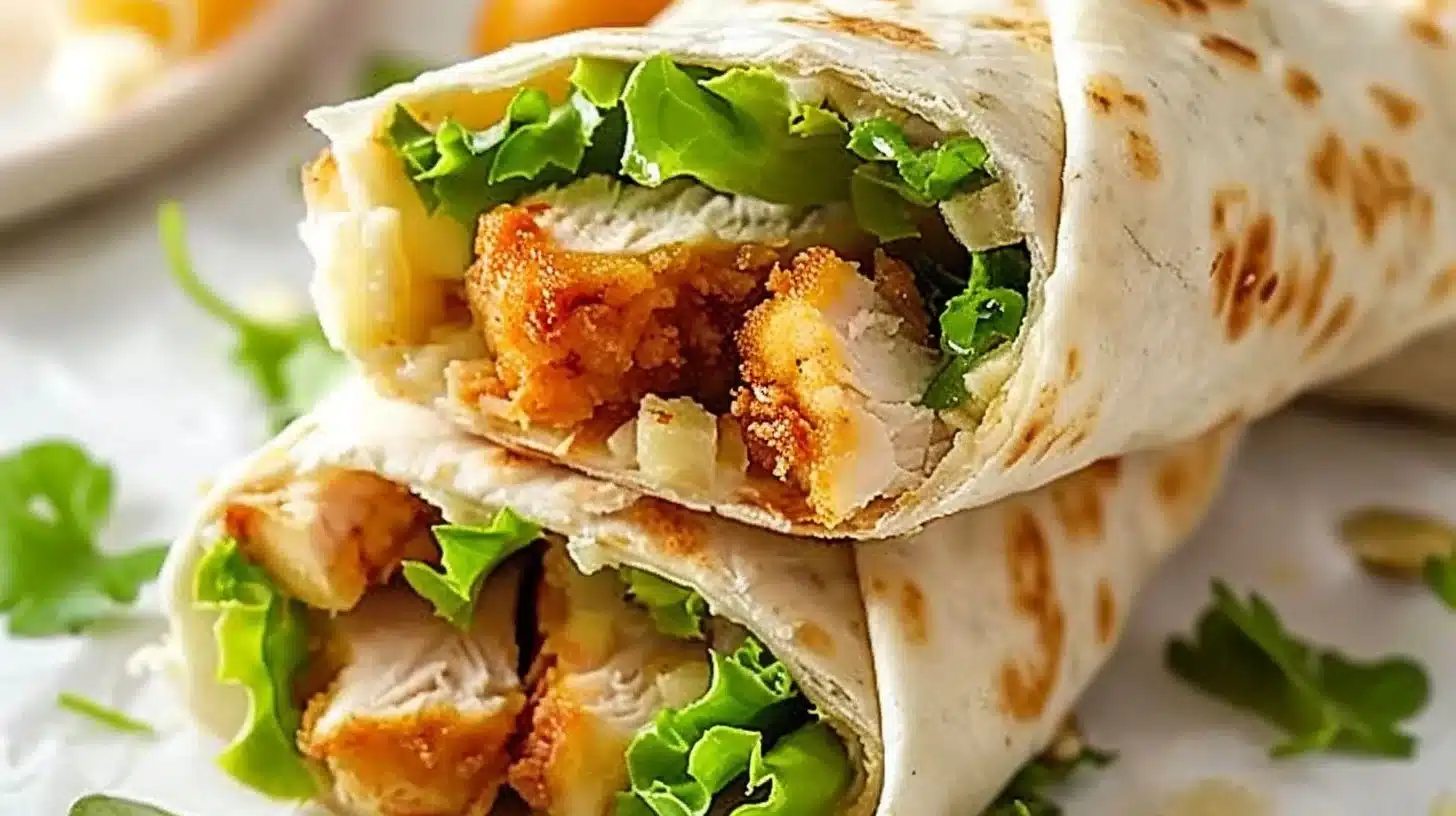 Crispy chicken wraps filled with fresh veggies and sauce