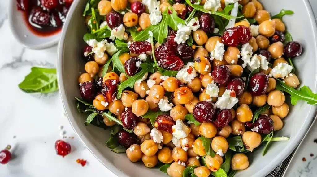 Crispy Chickpea Salad with Feta and Cranberries in a bowl