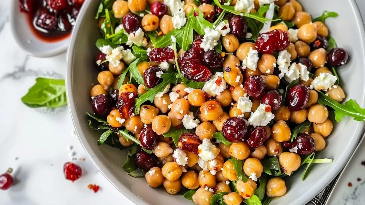 Crispy Chickpea Salad with Feta and Cranberries in a bowl
