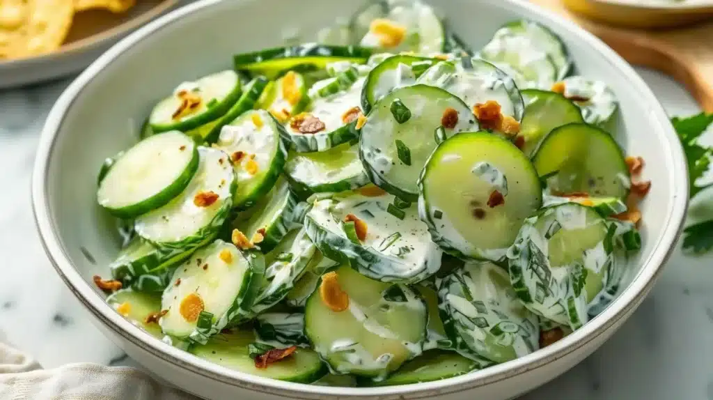 Fresh crispy cucumber ranch salad with vegetables and dressing
