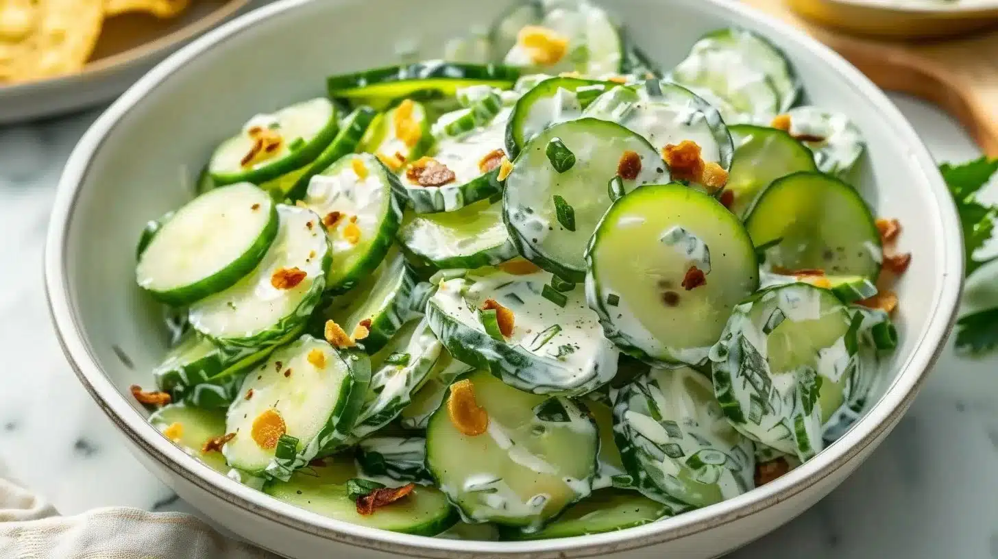 Fresh crispy cucumber ranch salad with vegetables and dressing