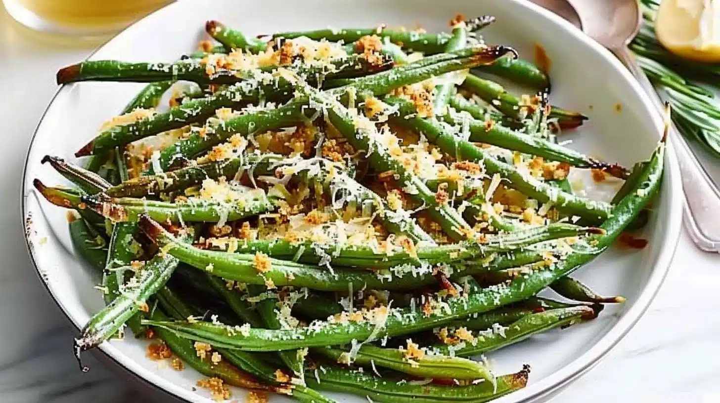 Crispy oven baked green beans topped with Parmesan cheese