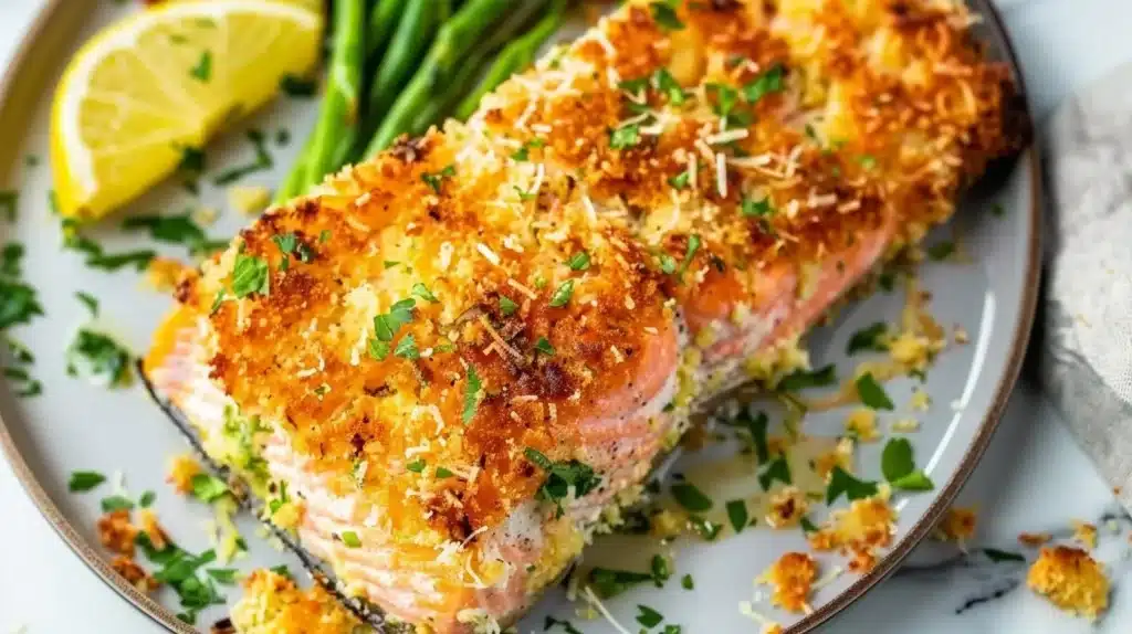 Crispy Parmesan Crusted Salmon topped with herbs and spices