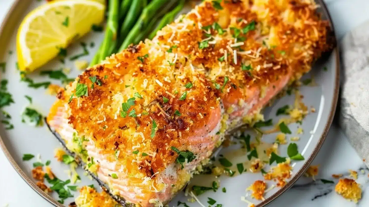 Crispy Parmesan Crusted Salmon topped with herbs and spices
