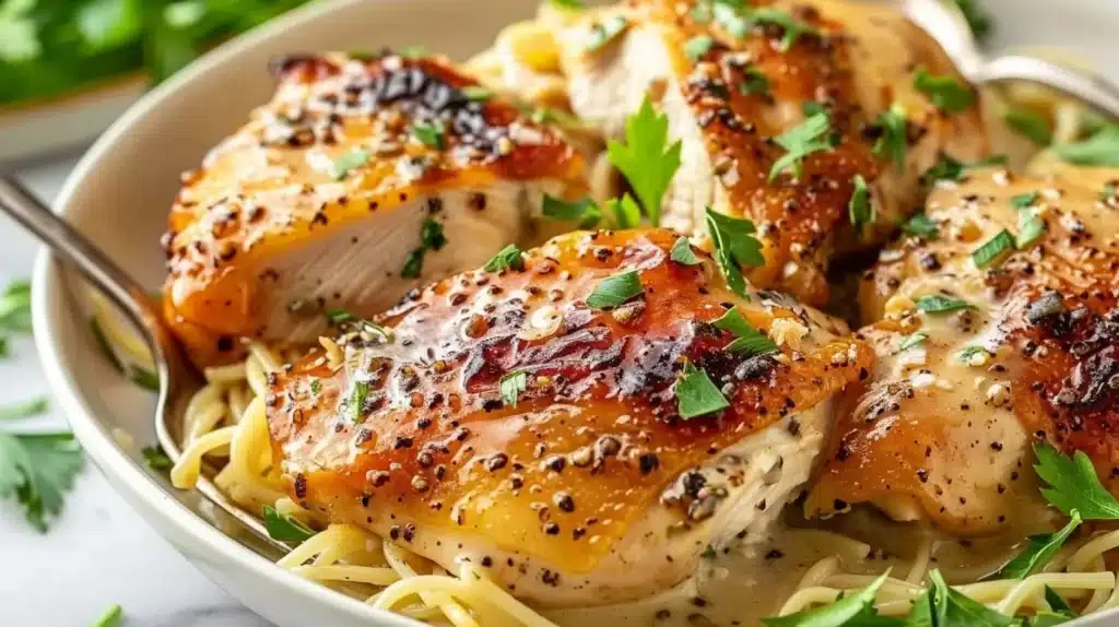 Crock Pot Angel Chicken dish with herbs and sauce on a plate