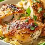 Crock Pot Angel Chicken dish with herbs and sauce on a plate