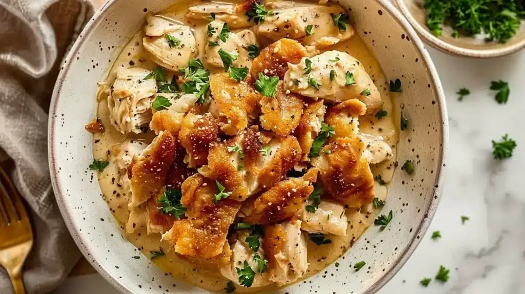 Delicious Crockpot Crack Chicken served with herbs and creamy sauce