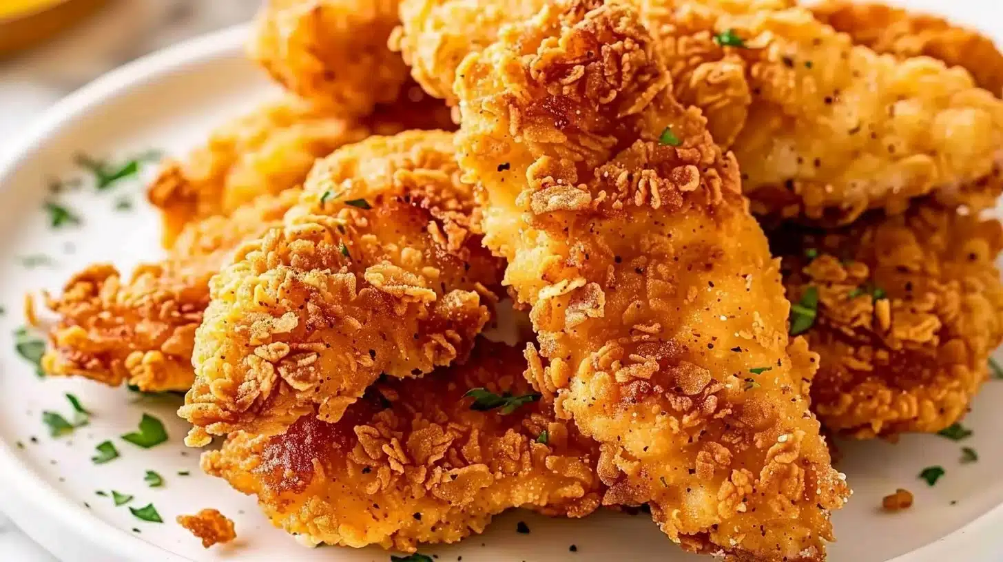 Golden crunchy chicken tenders served with dipping sauce