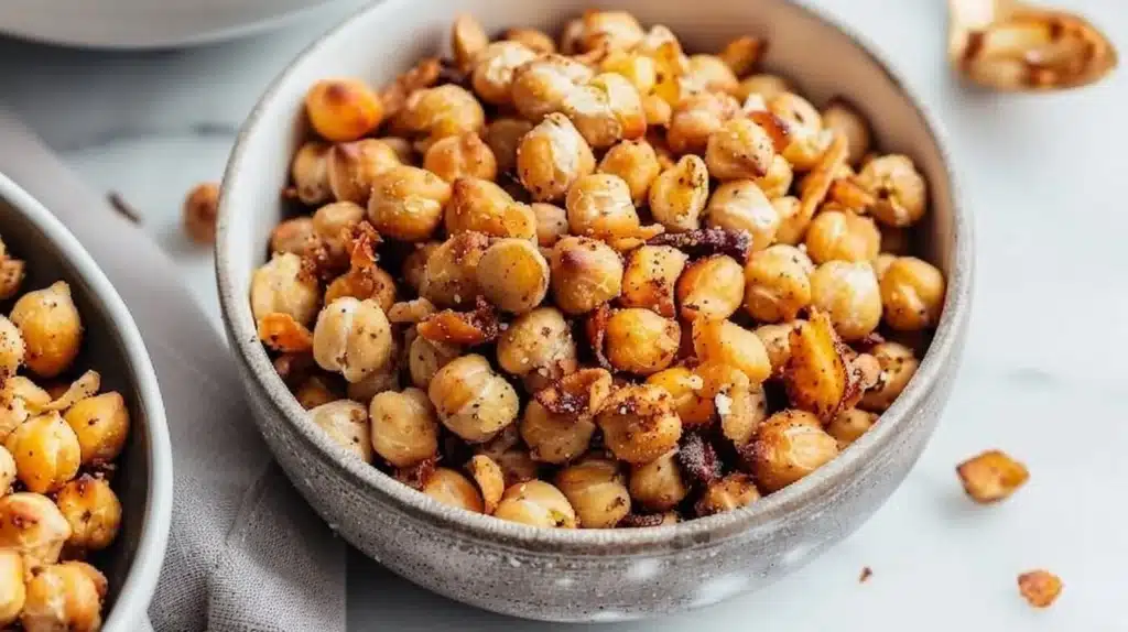 Crunchy chickpea snack mix in a bowl, perfect for healthy snacking.