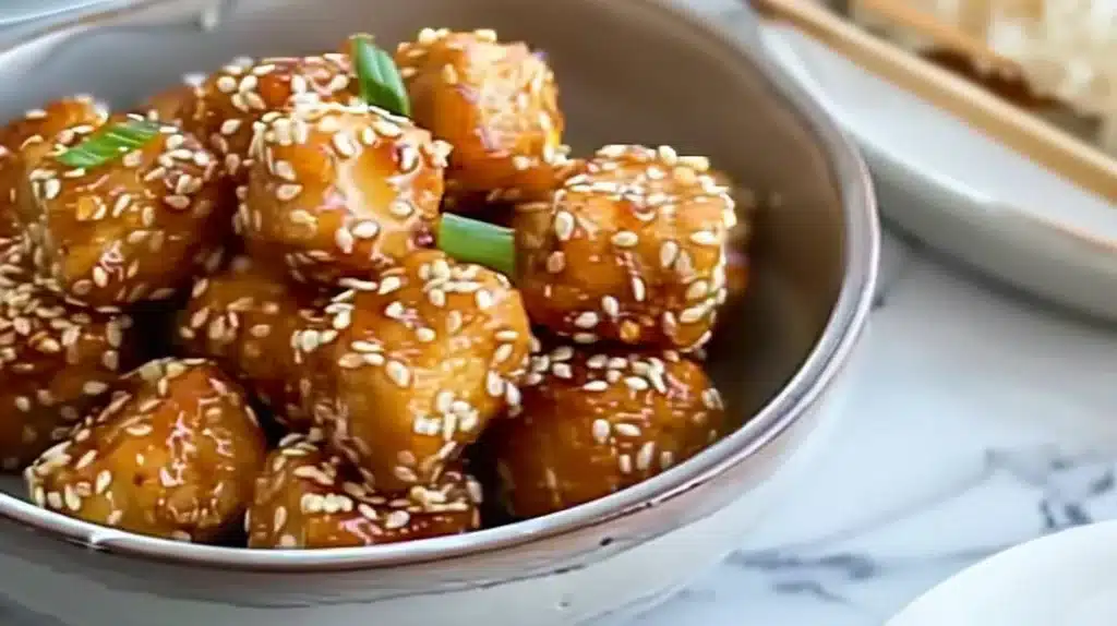 Plate of crunchy sesame tofu bites garnished with sesame seeds and herbs