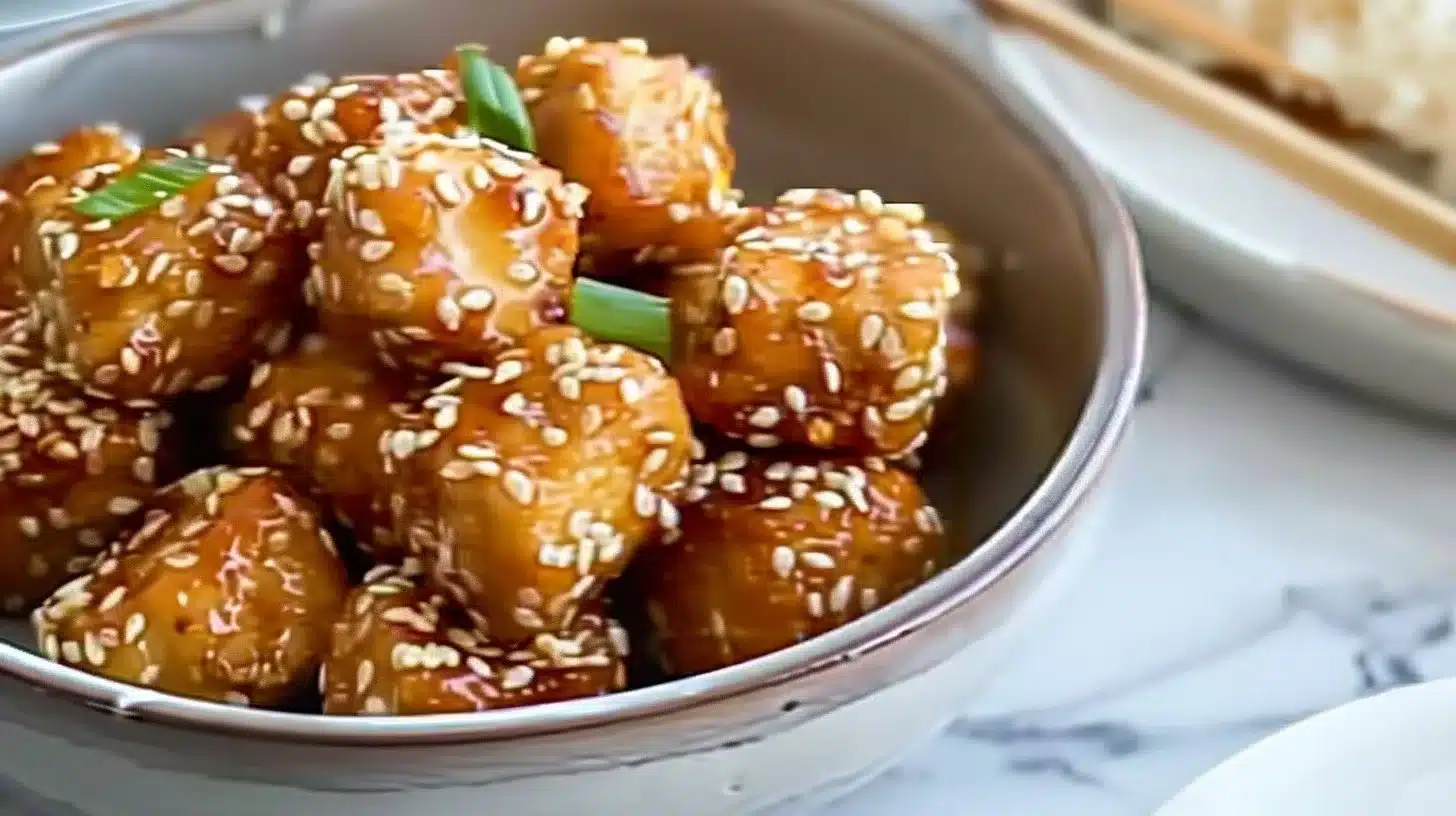 Plate of crunchy sesame tofu bites garnished with sesame seeds and herbs