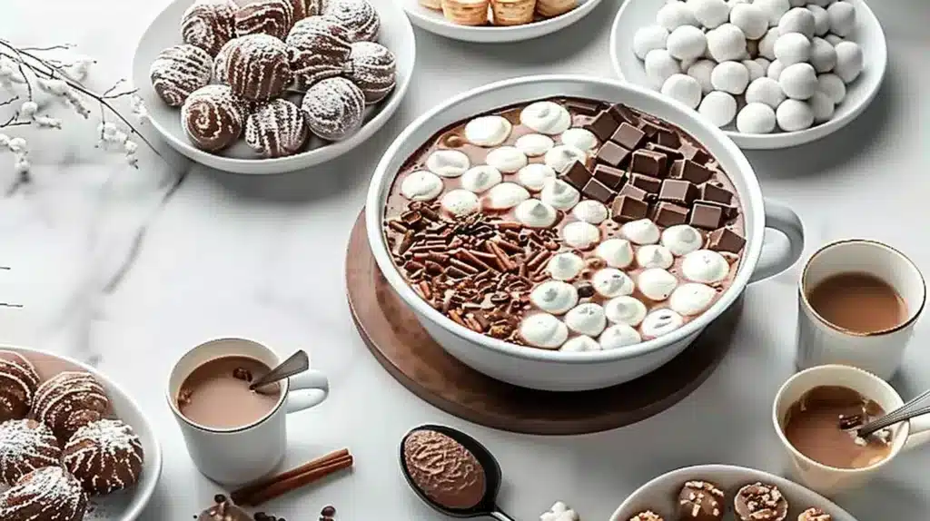 Customizable hot chocolate station setup with various toppings and mugs