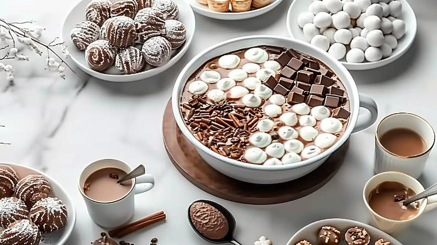 Customizable hot chocolate station setup with various toppings and mugs