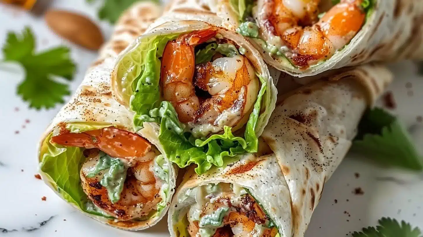 Delicious Caesar Shrimp Wraps filled with fresh shrimp and crisp lettuce